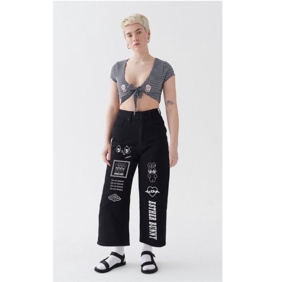 Lazy Oaf x Esther Bunny Do Not Disturb Wide Leg Crop Black Denim Jeans grey gray - Picture 1 of 6